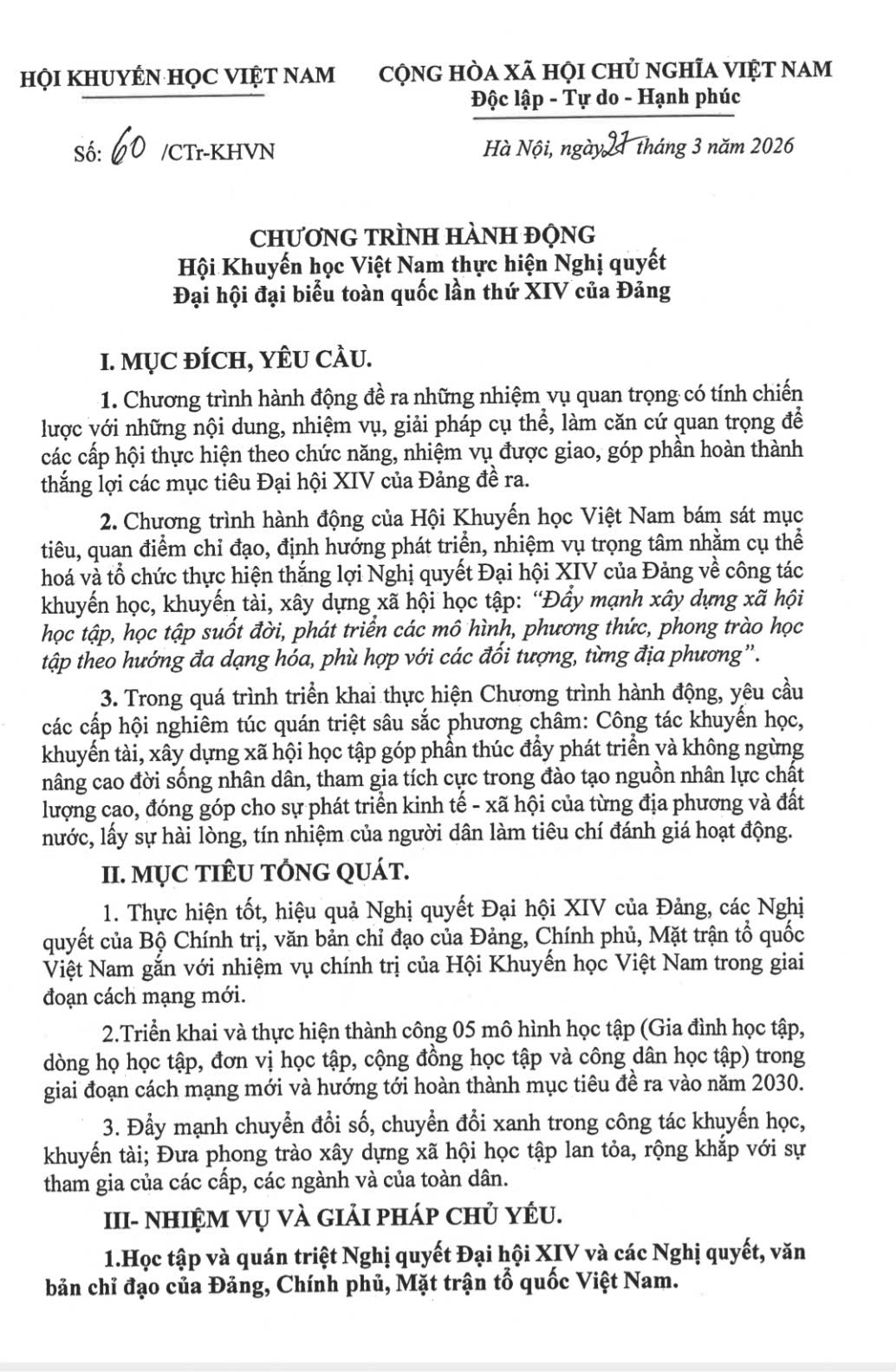 Báo Hòa Bình số Chương trình hành động Hội Khuyến học Việt Nam thực hiện Nghị quyết Đại hội đại biểu toàn quốc làn thứ XIV của Đảng